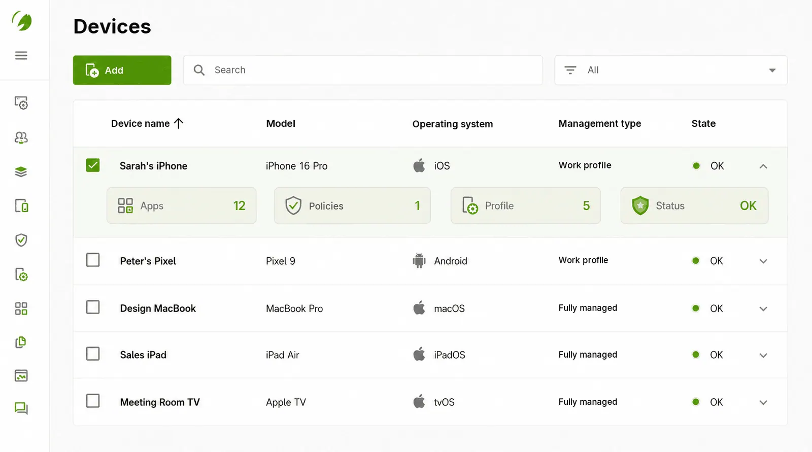 Cortado MDM device overview listing managed iPhone, Pixel, MacBook, iPad and Apple TV devices
