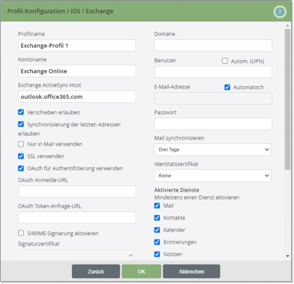 Erweitertes Exchange-Profil für iOS/iPadOS