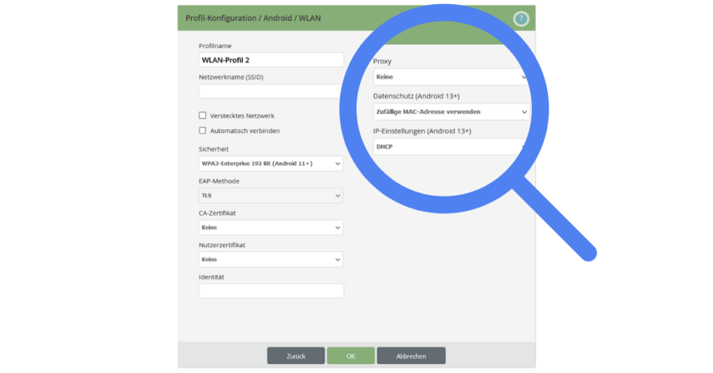 WLAN-Profilkonfigurationen für Android in Cortado MDM: Erweiterte Konfigurationen ab Android 13
