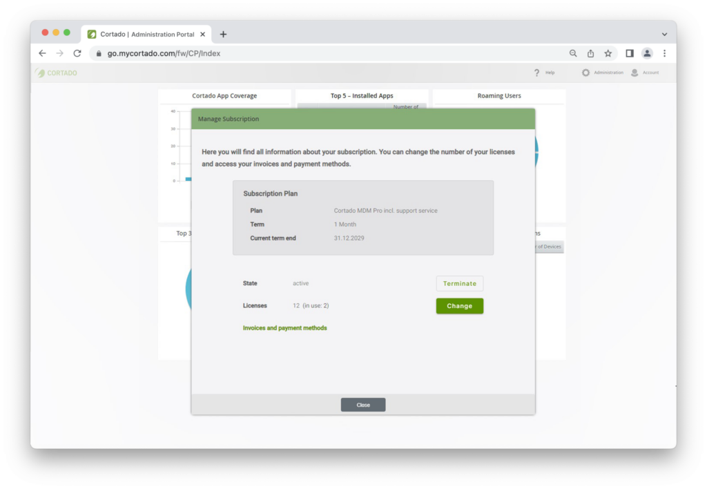 Subscription Management in the Cortado Admin Portal